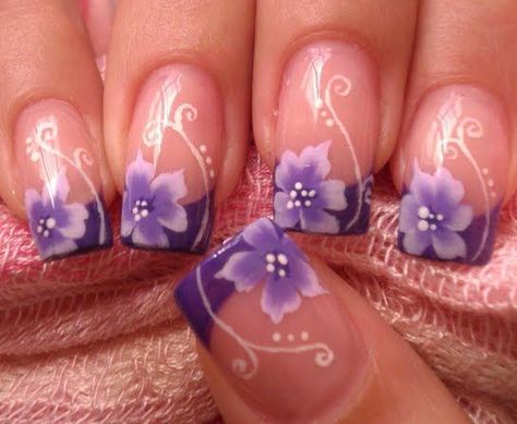 http://www.pinterest.com/petdrwife/nails-nails-nails/ Purple tip french manicure with 1 stroke technique Purple Flowers free hand nail art Purple Tropical Nails, Purple Hibiscus Nails, Purple Nails With Flowers, Purple Flower Nails, Lilly Nails, Hibiscus Nails, Nail Art Tattoo, Deco Nails, Purple Tips