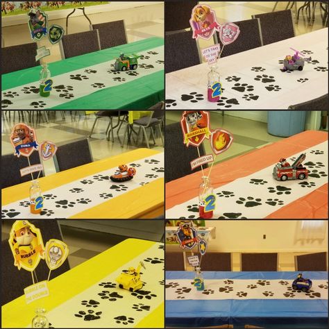 Paw Patrol table decor. Each table is a different dog! Paw Patrol Party Table Ideas, Paw Patrol Party Table, Paw Patrol Party Decorations Diy, Paw Patrol Rubble Birthday Party, Paw Patrol Party Activities, Paw Patrol Candy Table, Paw Patrol Decor, Paw Patrol Table Decorations, Paw Patrol Diy Decorations