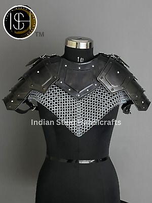 ad eBay - Gorget & Pouldron Set. • Premium quality well made Armor. • Standard adult size wearable Armor. • Standard Adult size. We Believe That All Disputes Can Be Settled By Proper Communication. • High quality Black & Antique finishing. Studded Armor, Red Mcarthur, Studded Leather Armor, Metal Armour, Knight Female, Proper Communication, Larp Ideas, Armor Cosplay, Character Cosplay