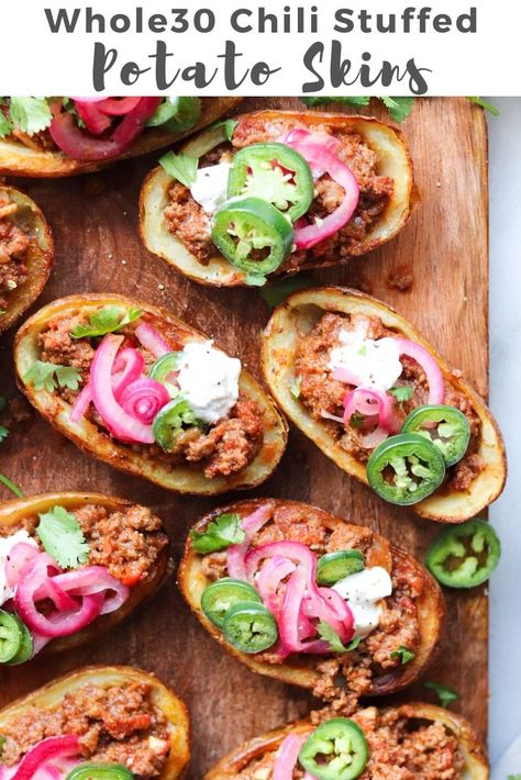 Whole30 Chili, Stuffed Potato Skins, Potato Skins Recipe, Potatoe Skins Recipe, Stuffed Potato, Collagen Recipes, Potato Tacos, Football Snacks, Dried Potatoes