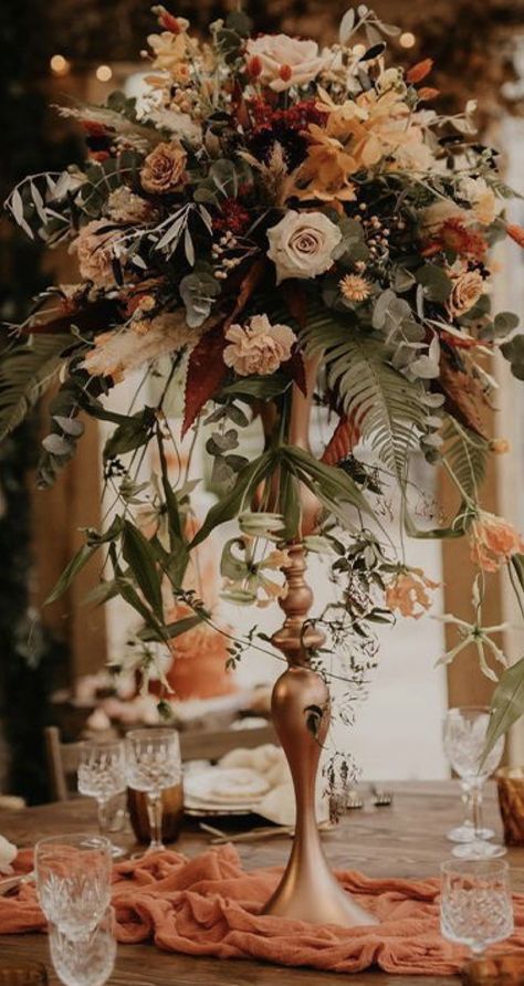 Wedding Table Centerpieces Fall Colors, Event Floral Centerpieces, Terracotta Fall Wedding Florals, Navy Blue And Rust Wedding Centerpieces, Fall Wedding Table Arrangements, Fall Flower Centerpieces Wedding, Fall Wedding Reception Centerpieces, Terracotta Wedding Centerpieces, Wedding Fall Centerpieces