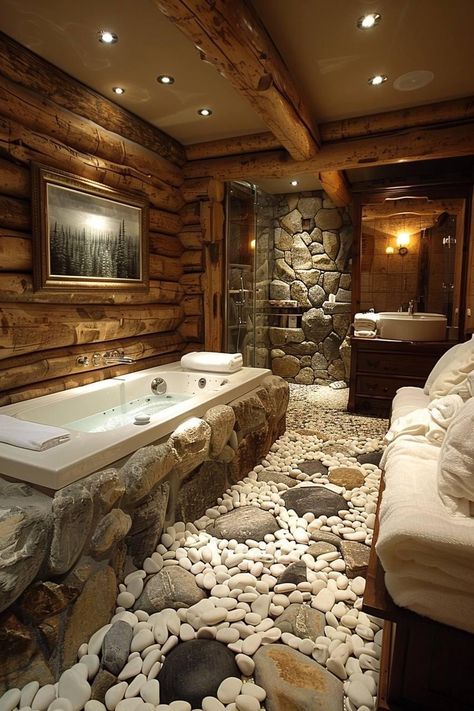 Luxury Country Bathroom, Wooden Room Design, Bathroom Ideas Stone, Bathroom Rock, Cozy Cabin Bedrooms, Rock Shower, Ranch House Decor, Cabin Bathroom, Log Cabin Rustic