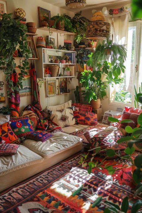 Indie Apartment Aesthetic, Plant Maximalist Aesthetic, Plant House Aesthetic, Maximalist Bedroom Aesthetic, Witchy Apartment, Boho Botanical Maximalism, Hippie Living Room Floor Pillows, Hippie Livingroom Wallpaper, Hippy Room Curtains & Drapes