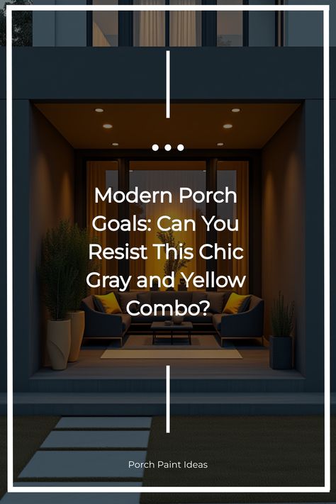 Sleek gray porch with yellow accents and minimalist furniture at dusk Painting A Porch, Angled Bedroom, Contemporary Porch, Porch Goals, Modern Porch, Porch Paint, Luxury Furniture Living Room, Eco Friendly Paint, Pro Tip