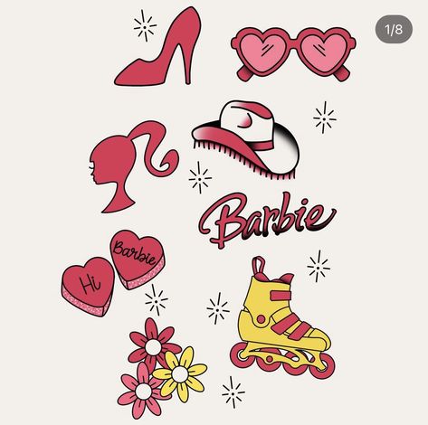 Barbie tattoo ideas from @boldbeckytattoo on ig. Personally love the side profile silhouette Barbie Small Tattoo, Barbie Shoe Tattoo, Tattoo Ideas Barbie, Barbie Flash Tattoo, Matching Barbie Tattoos, Barbie Movie Tattoo Ideas, Barbie Tattoo Ideas Simple, Barbie Inspired Tattoos, Barbie Movie Tattoo