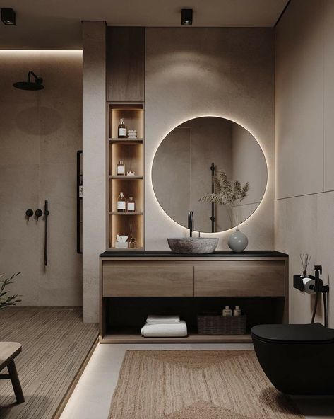 Walking Shower Ideas, Round Mirror With Lights, Bathroom Round Mirror, Mirror For Vanity, Small Bathroom Inspiration, Latest Bathroom Designs, Backlit Bathroom Mirror, Bathroom Design Small Modern, Small Toilet Room