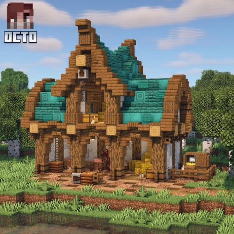 Minecraft Goat House, Cute Minecraft Mine Entrance, Minecraft Small Stable, Medevil Minecraft Builds, Minecraft Houses Copper, Starter Homes Minecraft, Dragon Stables Minecraft, Minecraft Oxidised Copper Builds, Minecraft Mystical House