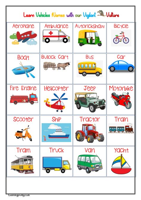 Vehicles Chart Can we all imagine a word without vehicles. More than comfort now having a vehicle has become a necessity. Vehicle is something with engine, motor and tire, which is used for moving people and goods from one place to another.  Generally,  the term vehicle is used for land transport alone, but we include everything which is used for transportation as vehicles. . . . Explore learningprodiygy.com for more charts Transportation Chart Preschool, Land Transport For Kids, Means Of Transport Chart, Land Vehicles Preschool, Land Transportation Activities, Vehicles Preschool Activities, Land Transportation Preschool Activities, Vehicles Worksheet, Transport For Kids