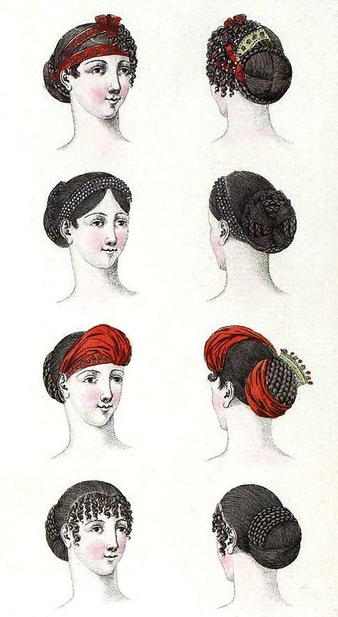 Regency Hairstyles (1807). Regency Picnic, 1800s Hairstyles, Regency Hairstyles, History Clothes, Regency Hair, Brighton Pavilion, Regency Costume, Regency Fashion Plates, Empire Fashion