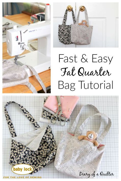 Easy Fat Quarter Bag Tutorial | Sewing | Diary of a Quilter Fat Quarter Bag, Fat Quarter Sewing Projects, Baby Lock Sewing Machine, Diary Of A Quilter, Fat Quarter Projects, Tote Bag Pattern Free, Tutorial Sewing, Diy Tote, Sewing Machine Projects