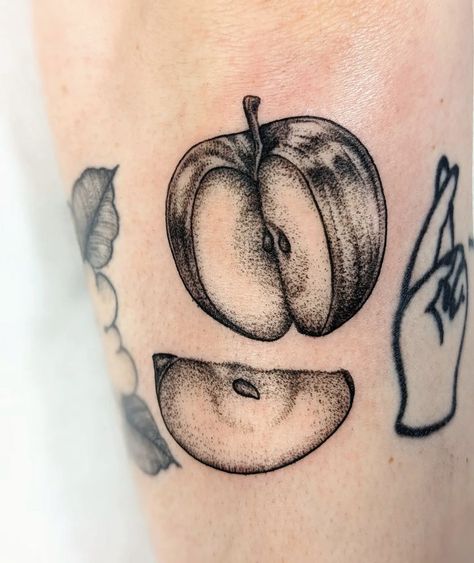 Apple Tattoo Black And White, Half Apple Tattoo, Apple Slice Tattoo, Pistachio Tattoo, Apple Core Tattoo, Apple Tattoo Design, Pocket Knife Tattoo, Tattoo Apple, Apple Tattoos