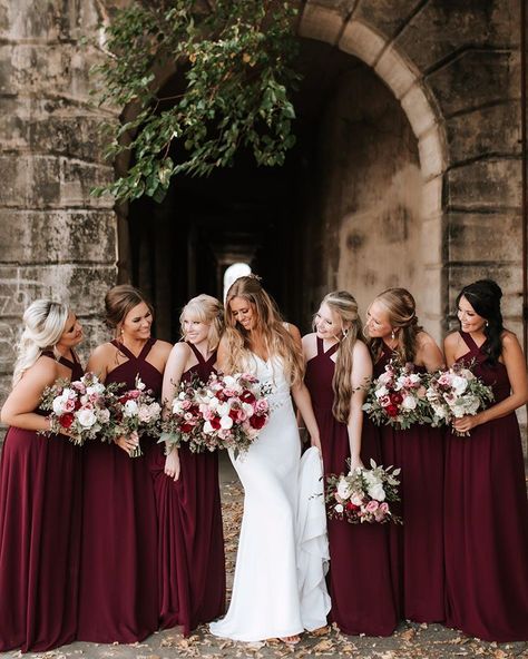 9.28.19 🥂✨💍 . . . . . photography: @ashlyncathey.photo dress: @larainesboutique flowers: @flowergent Bridesmaids dresses: @lulus… Light Burgundy Bridesmaid Dresses, Deep Wine Bridesmaid Dresses, Blood Red Bridesmaid Dresses, Burgendy Bridesmaid Dresses, Maroon Bridal Party, Wine Red Wedding Theme, Dusty Rose Bridesmaid Dresses Long, Burgandy Bridesmaids Dress, Berry Bridesmaid Dresses