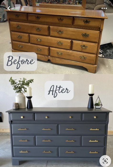 Redoing Old Dressers Ideas, Makeover Dresser Diy, Remodel Furniture Diy Dressers, Diy Long Dresser Makeover, Re Finished Dresser, Paint Ideas For Dressers Wood, Big Dresser Makeover, Renovating Dressers Ideas, Redoing Old Dressers Wood Furniture