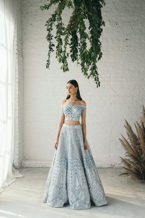 Powder Blue Lehengas That'll Make You Hit The SAVE Button Light Blue Indian Dress, Light Blue Lengha, Modern Lehenga Designs Style, Pastel Blue Lehenga, Light Blue Lehenga, Blue Lengha, Off Shoulder Lehenga, Studio Iris, Simple Anarkali