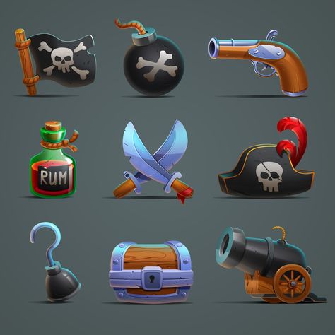 Pirate Icons on Behance Digital Art Icon, Pirate Items, Mystical Castle, Meat Logo, Pirate Props, Game Icon Design, Pirate Games, Props Concept, 2d Game Art