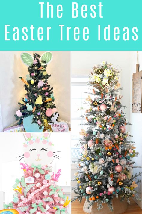 collage of easter tree ideas Easter Trees Decorated, Easter Trees Diy, Diy Easter Tree Decorations, Easter Tree Decorations Diy, Spring Holiday Tree, April Tree Decorating Ideas, Easter Tree Topper Ideas, Spring Tree Ideas, Year Round Tree Ideas