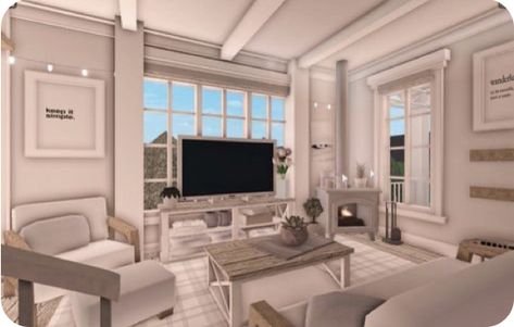 White Bloxburg Living Room, Bloxburg Aesthetic Living Room Ideas, Living Room Bloxburg Aesthetic, Bloxburg Tv Room Ideas, Fancy Bloxburg Living Room, Big Bloxburg Bedroom, Roblox Bloxburg House Ideas Living Room, Bloc Burg Living Room, Bloxburg Kicken Ideas