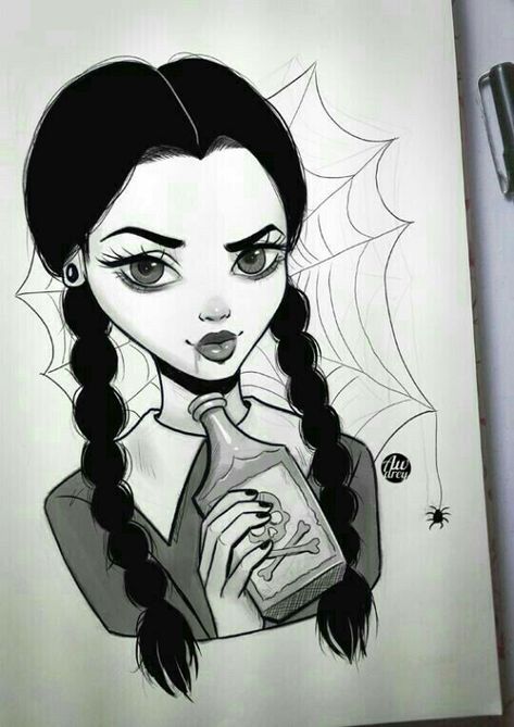 Merlina Adams ♥ Cute Wednesday Addams Drawing, Wendsday Addams Drawing, Wednesday Addams Thing Drawing, Wednesday Doodle Art, Wendsday Adams Tattoo Ideas, Wednesday Adams Painting, Wednesday Addams Painting Ideas, Wednesday Addams Anime Art, Drawing Ideas Wednesday