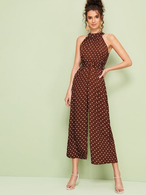 Polka Dot Belted Wide Leg Halter Jumpsuit | SHEIN Halter Pattern, Polka Dot Jumpsuit, Belted Jumpsuit, Belt Jumpsuit, Jumpsuit Dressy, Two Piece Jumpsuit, Halter Jumpsuit, Jumpsuit Online, Jumpsuit Outfit