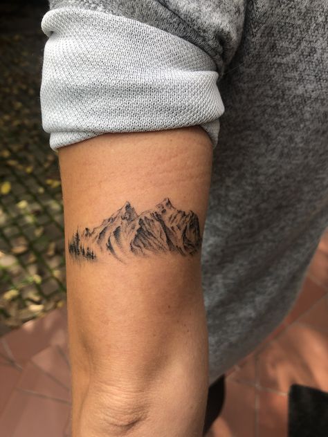 Mountain Tattoo On Leg, Wasatch Mountains Tattoo, Men’s Mountain Tattoo, Mountain Knee Tattoo, Moutain Tattoos Men, Mountain Tattoo Above Knee, Mountain Thigh Tattoo, Montain Tattoo Designs, Mountain Band Tattoo