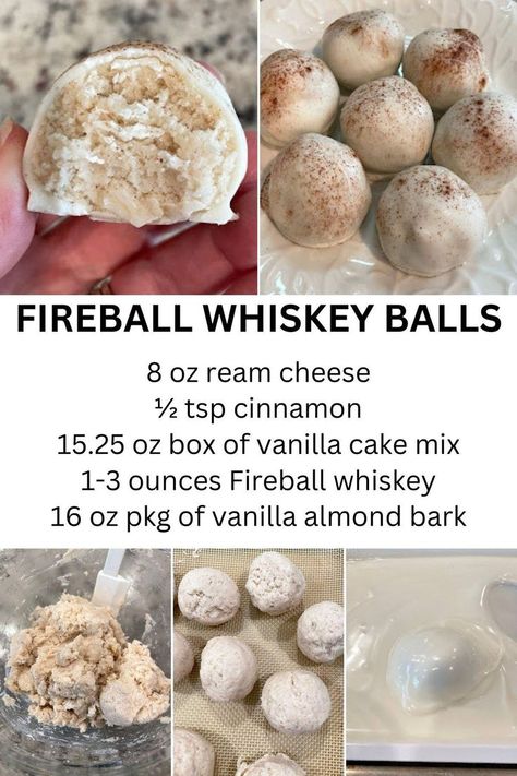 Fireball Whiskey Balls with a creamy, cinnamon-spiced filling coated in vanilla almond bark. Ingredients listed include cream cheese, cinnamon, vanilla cake mix, Fireball whiskey, and vanilla almond bark. Fireball Bread Pudding, Fireball Whiskey Balls Recipe, Boozy Oreo Balls, Fireball Cookies Recipe, Fireball Whiskey Balls No Bake, No Bake Alcoholic Desserts, Fireball Whiskey Cookies, Whiskey Balls Recipe No Bake, Christmas Boozy Treats