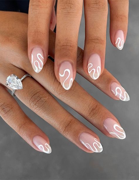 40 Spring Nail Ideas To Brighten Your Look : Squiggle Tips Bridal Nails Designs, Engagement Nails, Lines On Nails, White Nail Designs, Wedding Nails Design, White Nail, Minimalist Nails, French Tip Nails, Nail Trends