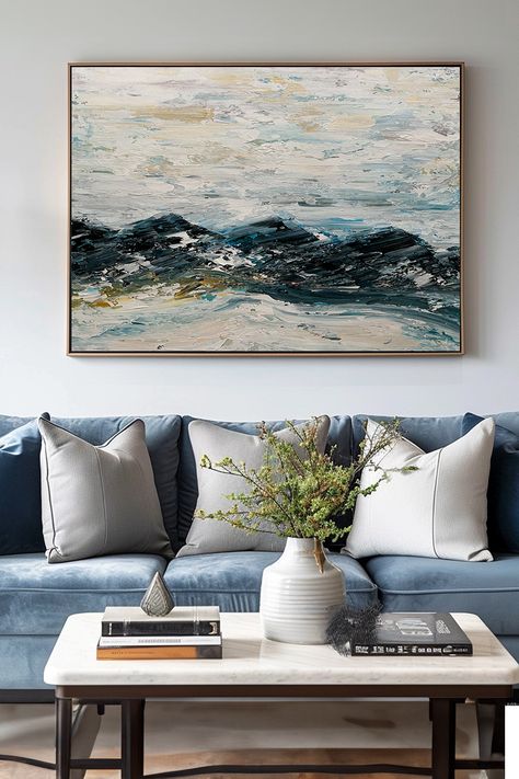 Abstract mountain seascape: Original handmade painting with textured blue waves crashing against dark peaks under a cloudy sky Abstract Mountain, Crashing Waves, Raw Beauty, Mountain Paintings, Coastal Decor, Brush Strokes, Natural Beauty, Abstract Art, Paint