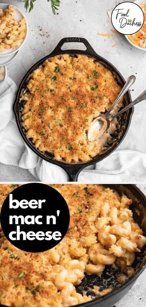 This Beer Mac and Cheese features a cheese sauce that is spiked with a Pale Lager, providing that slightly malty , yeasty flavor that pairs wonderfully with cheese. This Beer Mac and Cheese features old cheddar, gruyere, and mozzarella. And we can’t forget that parmesan panko topping! #macandcheese #macaroni #macaroniandcheese #macncheese #beer #lager #ale #beermacandcheese #pasta #comfortfood #southern #cheesy Beer Mac And Cheese Recipe, Beer Mac And Cheese, Mac And Cheese Sauce, Cheesy Mac, Friendsgiving Feast, Pale Lager, Macaroni Cheese Recipes, Cooking With Beer, House Wife