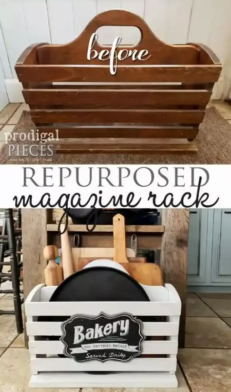 Repurposed Magazine Rack, Rack Kitchen Storage, Thrift Store Diy, Cookie Sheets, Thrift Store Crafts, Dekor Diy, Diy Kitchen Storage, Rack Kitchen, Update Your Home