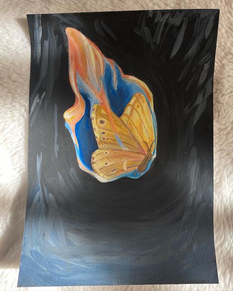 #art #butterfly #flames #painting Fire Drawing Oil Pastels, Flaming Butterfly, Butterfly On Fire, Fire Drawing, Fire Painting, Butterfly Drawing, Fire Art, Butterfly Painting, Aesthetic Painting