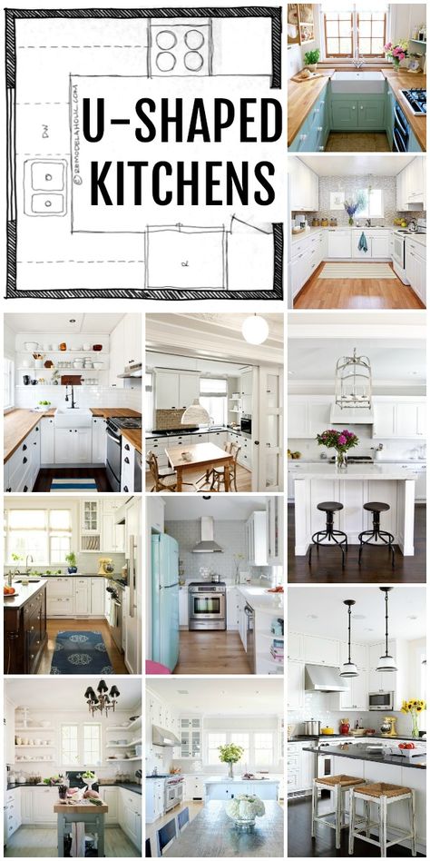 KITCHEN DESIGN | Horseshoe Kitchen Layouts via Remodelaholic.com Pieced Together Kitchen, 3 Side Kitchen Design, Horseshoe Kitchen With Island, Kitchen Interior U Shape, 3 Sided Kitchen Layout, 3 Wall Kitchen Layout, Horseshoe Kitchen Layout, Fridge Layout, Horseshoe Kitchen