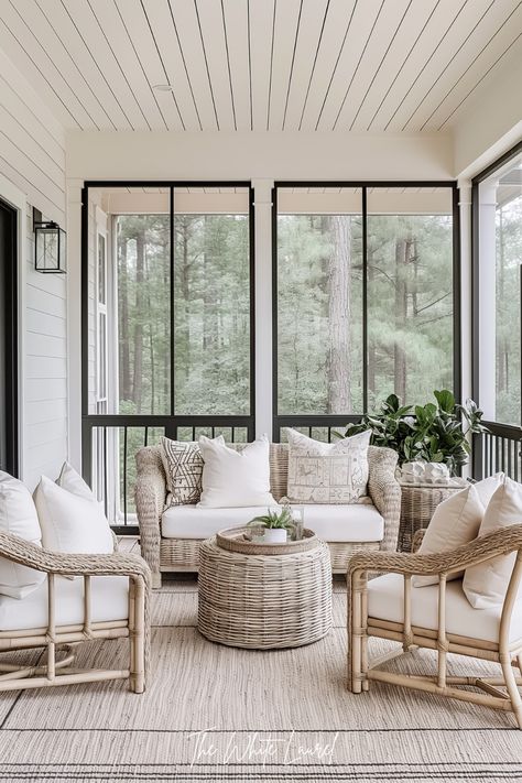 Home Plans With Screened In Porch, Screened In Porch Seating Ideas, Screened In Porch With Gas Fireplace, Muskoka Room Screened Porches, Vintage Screen Porch, Lake House Screened In Porch, Florida Porch Ideas, Screened In Porch Inspiration, Four Season Porch Ideas