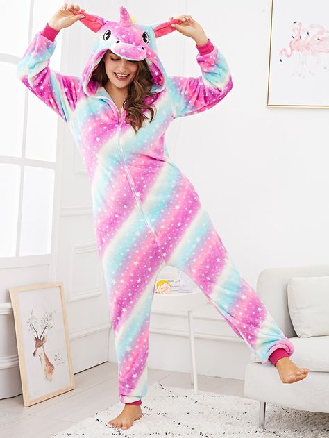 Plus Star Print Plush Unicorn Onesie -SheIn(Sheinside) Night Suit Aesthetic, Suit Aesthetic, Unicorn Onesie, Casual Sleepwear, Unicorn Life, Plush Unicorn, Cute Onesies, Star Galaxy, Kids Onesies