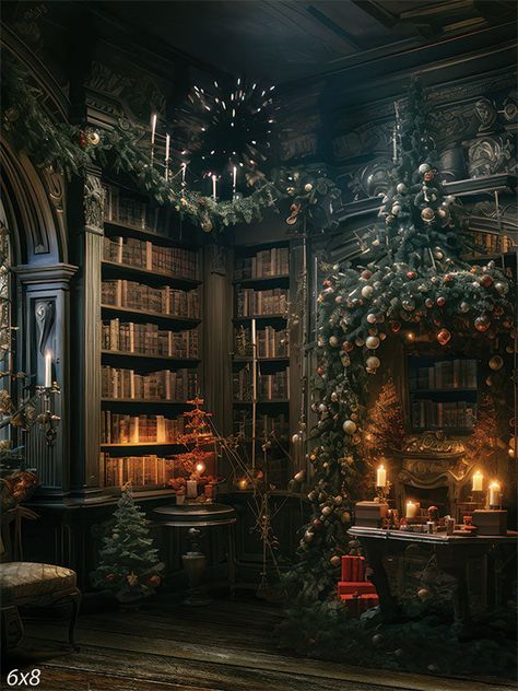 Victorian Christmas Library Photography Backdrop - Victorian-style library decorated for Christmas with garlands Faerie Bedroom, Rustic Library, Library Room Decor, Library Room Design, Library Photography, Dark Faerie, Christmas Library, Library Space, Christmas Home Decorations