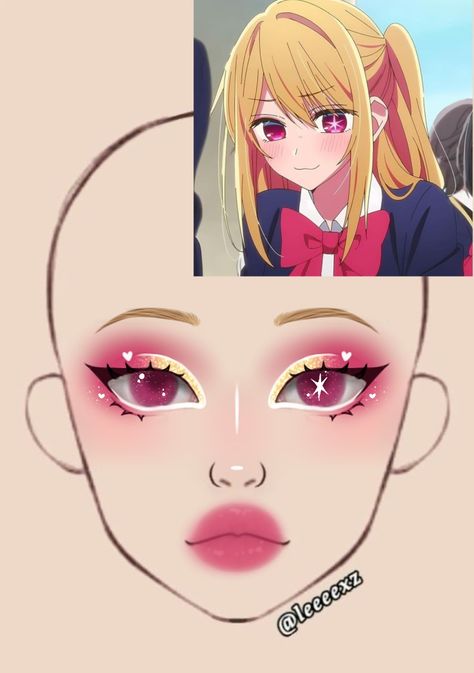 Anime Makeup Drawing, Kawaii Makeup Tutorial Doll, Manga Makeup Anime, Easy Anime Makeup, Anime Face Makeup, Anime Inspired Makeup Looks, My Melody Inspired Makeup, Cute Anime Makeup Looks, Makeup Ideas Anime