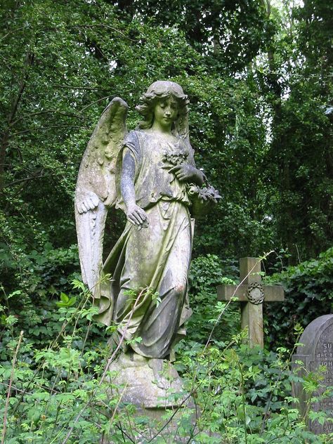 A statue of an angel stands atop a grave in Highgate Cemetery, London. Grave Statues, Highgate Cemetery London, Collateral Beauty, Cemetery Angels, Highgate Cemetery, Cemetery Statues, Painting References, Angel Statue, Ancient Statues