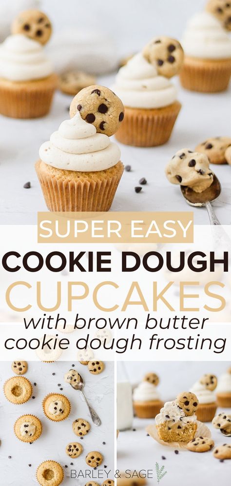 These fun cupcakes have moist brown butter cupcake base, then they're stuffed with edible chocolate chip cookie dough, and topped with brown butter cookie dough buttercream and a mini chocolate chip cookie! Cookie Flavored Cupcakes, Chocolate Cookie Dough Cupcakes, Cupcakes With Cookie Dough Inside, Milk And Cookie Cupcakes, Cookie Cupcakes Ideas, Mini Chocolate Chip Cupcakes, Cookie Dough Cupcakes Recipe, Chocolate Chip Cookie Cupcakes, Cookie Dough Buttercream