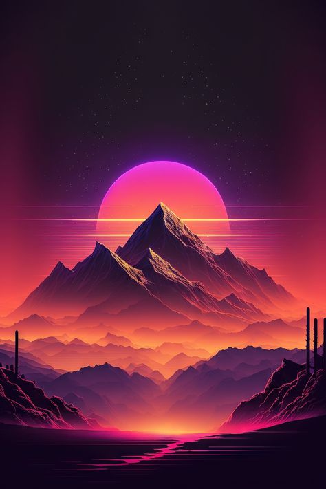 In this captivating artwork, vibrant neon lights illuminate the towering peaks, creating a surreal and futuristic atmosphere. The interplay of bold colors and dynamic lines captures the energy and movement of the synthwave genre, while the majestic mountains provide a sense of awe and grandeur. Prepare to be transported to a world where nature and technology coexist in perfect harmony, where the beauty of the mountains merges seamlessly with the vibrant energy of synthwave. Neon Artwork Illustrations, 80s Synthwave Wallpaper, Synthwave Illustration, Neon Mountain, Synthwave Wallpaper, Futuristic Artwork, Neon Futuristic, Synthwave Aesthetic, Synth Wave