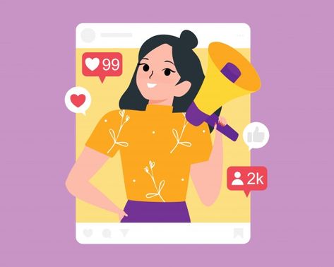 Social influencer marketing with mega ph... | Premium Vector #Freepik #vector #woman #social-media #girl #promotion Influencer Marketing Creative Ads, Mega Phone, Grow Instagram Followers, Funny Cartoon Characters, Media Influence, Female Cartoon Characters, Pop Art Girl, Social Influence, Branding Ideas