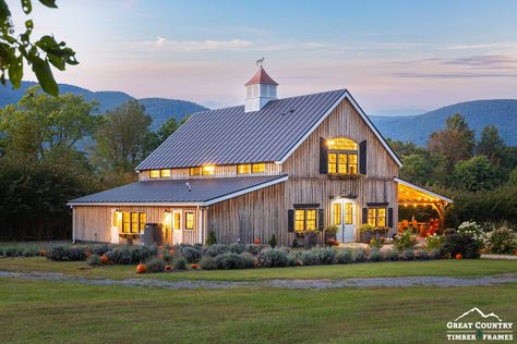 This 30' x 48' Carriage Barn with 16' Lean-To is used as an event barn at Silver Fox Lavender Farm in Virginia. Many more pictures to come of this awesome timber frame event space. This barn was shipped as a timber frame kit from our facility in Ellington, CT, and assembled by the customer. Tiny House With Loft, Loft Tiny House, House With Loft, Wooden Homes, Cabin Building, Timber Frame Pavilion, Backyard Barn, Timber Frame Barn, Barn Houses