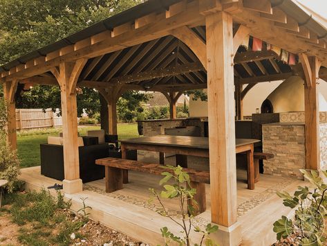 An extra large gazebo filled with fairylights & the odd monkey hanging around the chunky oak posts. Large Gazebo Ideas, Oak Gazebo Ideas, Large Gazebo Ideas Backyard, Garden Pagoda Ideas, Kitchen Gazebo, Lake Gazebo, Large Pavilion, Oak Gazebo, Privacy Garden