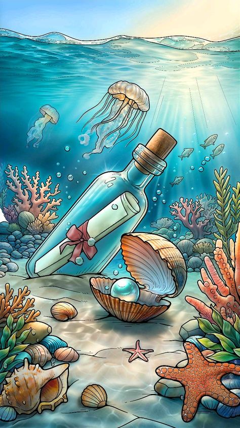 Underwater Cartoon Drawing, Underwater Theme Drawing, Life Underwater Drawing, Drawing Of Underwater, Aesthetic Nature Drawing Sketches, Underwater Landscape Drawing, Ocean Scenery Drawing, Under Ocean Drawing, Ocean Doodle Art