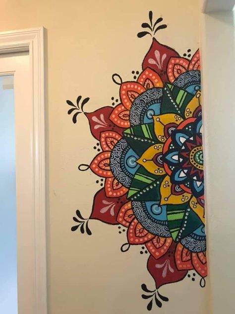 Wall Paint Designs Mandala, Mandala Wall Painting Ideas, Colourful Mandala Art On Wall, Wall Painting Mandala Art, Mandala Drawing Wall, Tv Wall Painting Design, Room Door Painting Ideas Creative, Madana Art, Mandala Art Wall Painting