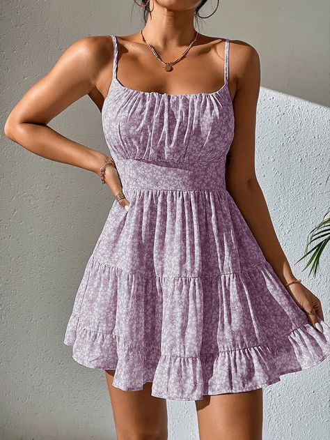 Dresses With Shirring, Summer Dress Purple, Floral Pattern Outfit, Cute Floral Dresses Casual, Short Floral Dress Casual, Purple Dresses Casual, Short Summer Dress Outfits, Cute Casual Dresses For Summer, Cute Short Summer Dresses