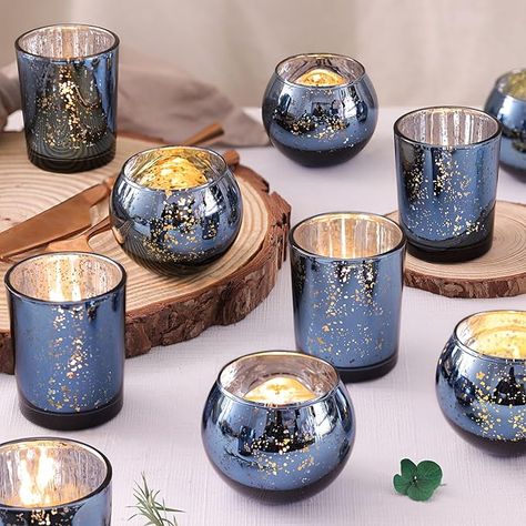 Amazon.com: DEVI 12PCS Assorted Blue Votive Candle Holders, Mercury Tealight Candle Holder Glass, Wedding Table Decorations for Home Party, Navy Blue Birthday Graduation Rehearsal Party Dinner Decorations : Home & Kitchen Gl Wedding, Glass Wedding Table, Blue Glass Decor, Blue Votive Candle Holders, Navy Blue Birthday, Table Decorations For Home, Centerpieces Blue, Blue Wedding Centerpieces, Blue Decorations