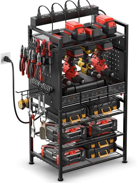 With storage and charging in one, it is dedicated to providing an organized and efficient workspace for you. Consolidate various tools into one place, helping free up space and keeping your tools well-organized. Power tool organizer with 8 outlets power strip adopts 6-layer floor stand design, including 4 shelves, 1 storage basket layer, and 1 drills holder layer which can store up to 8 drills or be used as hooks. Sides panel pegboard design with bits organizer and screwdriver rack. Pegboard Design, Battery Charging Station, Tools Organizer, Power Tool Organizer, Organization Cart, Types Of Siding, Garage Tool Organization, Drill Holder, Workshop Tools