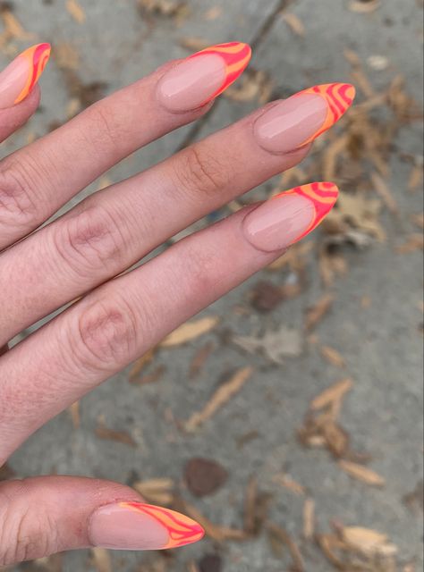 Orange French Tip Swirl Nails, Almond Nails Designs Summer Orange, Orange Groovy Nails, Pink With Orange Nails, Almond Nail With Design, 70s Orange Nails, Cute Orange And Pink Nails, Bright Pink Almond Nails Design, Orange Funky Nails