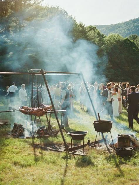 Planning a Multi-Day Wedding Celebration: Tips & Ideas Fire Kitchen Cooking, Open Fire Cooking Outdoors, Outdoor Open Fire Cooking, Country Forest Wedding, Spitbraai Wedding, Live Fire Cooking, Wedding Fire Pit, Hog Roast Wedding, Wedding Barbeque