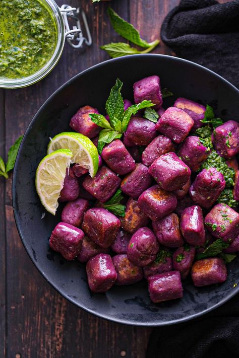 Purple Potato Recipes, Ube Recipes, Mint Chutney, Purple Sweet Potato, Sweet Potato Gnocchi, Party Hosting, Potato Gnocchi, Purple Potatoes, Purple Food