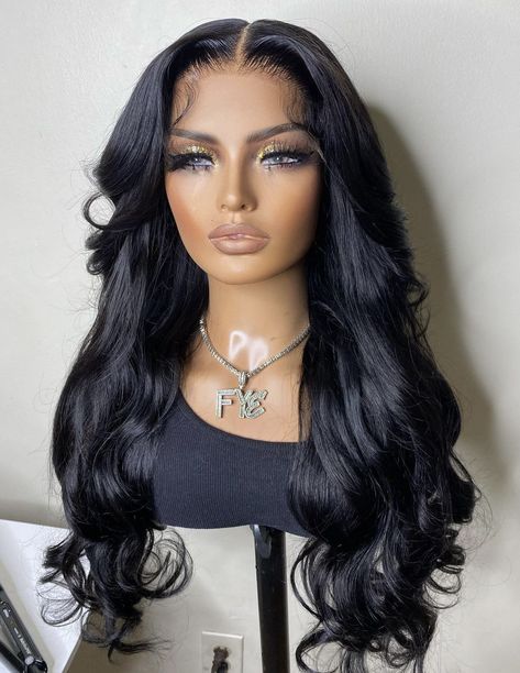 Middle Part Jet Black Wig, Black Wig Install, Md Hairstyles, 28 Inch Wig, Jet Black Wig, Black Lace Wig, Ladies Wigs, Black Hair Wigs, Black Wigs